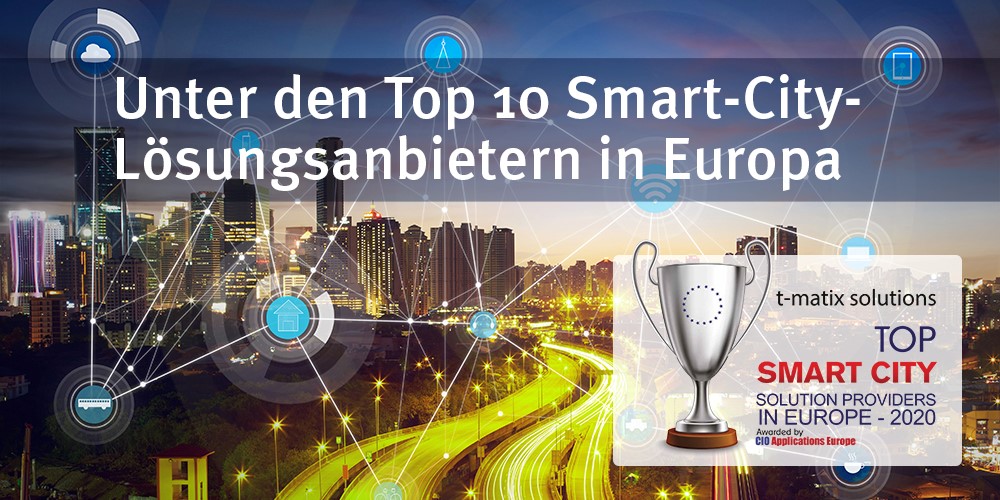 Stadt von oben im Hintergrund, Vernetzungen einzelner Icons im Vordergrund, Text: Unter den Top 10 Smart-City-Lösungsanbietern in Europa